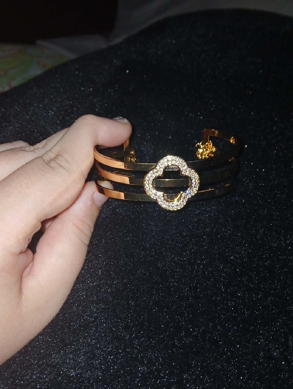Gold-tone Black Multi-band Bracelet with Pave Clover Accent